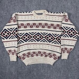 Expressions Knit Sweater Mens Large Cream Geometric Fair Isle Cotton Vintage